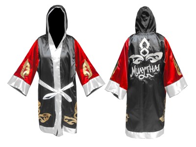 Personalised  Muay Thai Boxing Robe with hood : KNFIR-143-Red-Black