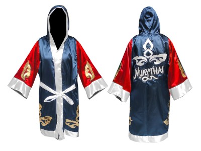 Personalised  Muay Thai Boxing Robe with hood : KNFIR-143-Red-Navy