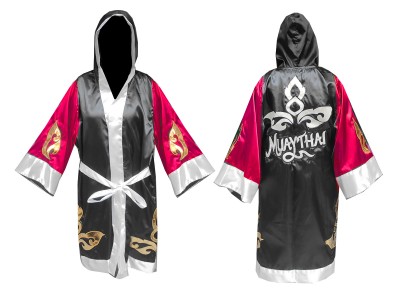 Personalised  Muay Thai Boxing Robe with hood : KNFIR-143-Rose-Black
