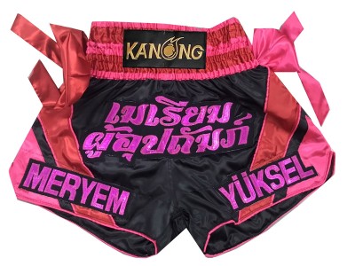 Custom Muay Thai Shorts with bows  : KNSCUST-1291-Black-Pink