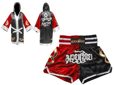 Custom Boxing Robe and Muay Thai Shorts : Set-143-Red-Black
