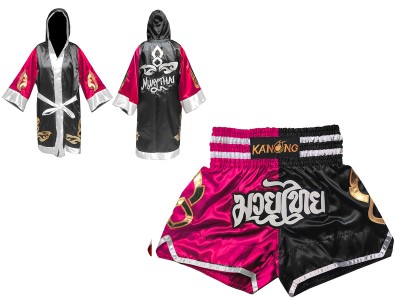 Custom Boxing Robe and Muay Thai Shorts : Set-143-Rose-Black