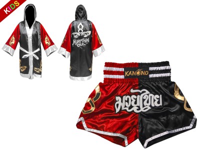 Muay Thai Set - Custom Boxing Robe + Muay Thai  Shorts for Children : 143-Red-Black