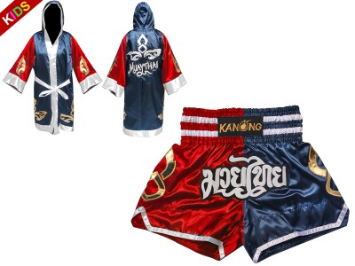 Muay Thai Set - Custom Boxing Robe + Muay Thai  Shorts for Children : 143-Red-Navy
