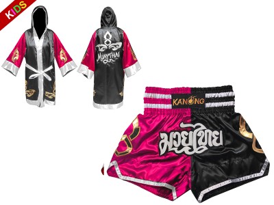 Muay Thai Set - Custom Boxing Robe + Muay Thai  Shorts for Children : 143-Rose-Black