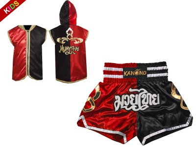 Muay Thai Set -  Customize your own fight shorts with hoodies for Children : SHOHOD-143-Red-Black