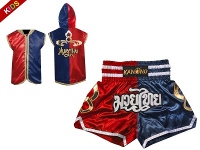 Muay Thai Set -  Customize your own fight shorts with hoodies for Children : SHOHOD-143-Red-Navy