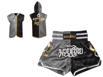 Personalised boxing kit - Boxing Hoodies + Muay Thai Shorts : Set-SHOHOD-143-Silver-Black