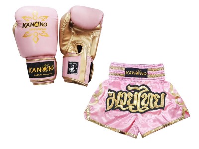 Personalised boxing kit - Boxing gloves and Muay Thai Shorts with name : Model 121 Pink