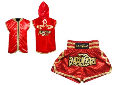 Muay Thai Set - Customize Boxing Hoodies and Kickboxing  Shorts : Red Lai Thai