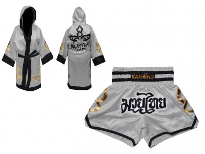 Custom Boxer Robe and Muay Thai Shorts : Set-143-Silver