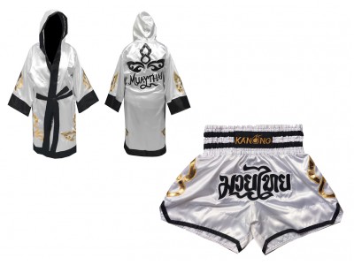 Custom Boxer Robe and Muay Thai Shorts : Set-143-White