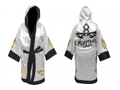 Personalised Muay Thai Boxing Robe with hood : KNFIR-143-White