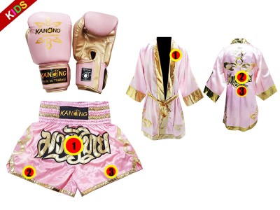 Muay Thai Set for Kids - Boxing Gloves + custom shorts + custom robe : Pink Thai Power