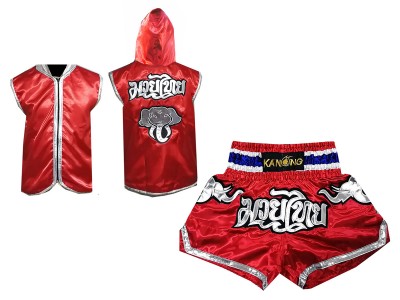 Muay Thai Set - Customize Boxing Hoodies + Thai Boxing Shorts : Red Elephant