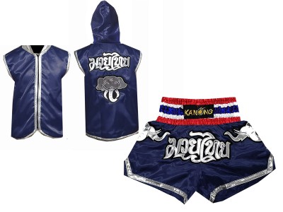 Muay Thai Set - Personalised Boxing Hoodies + Kickboxing  Shorts : Navy Elephant