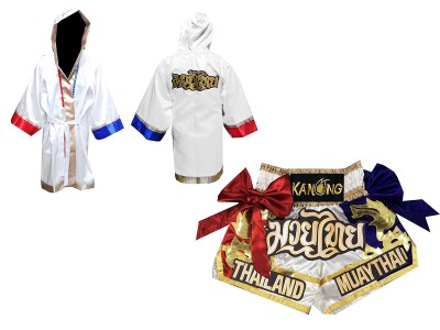 Muay  Thai Set - Custom Boxing Robe + Muay Thai  Shorts : White
